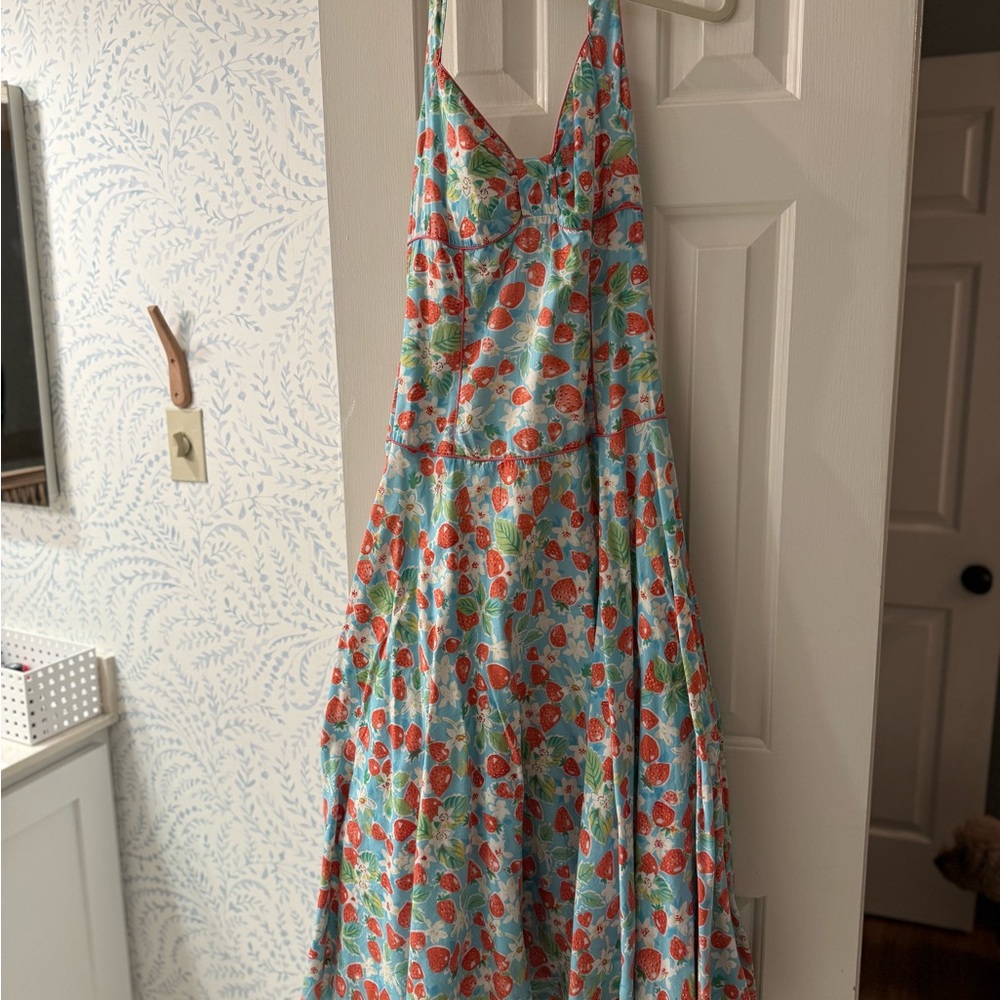 Vintage Floral Halter Strawberry Maxi Dress